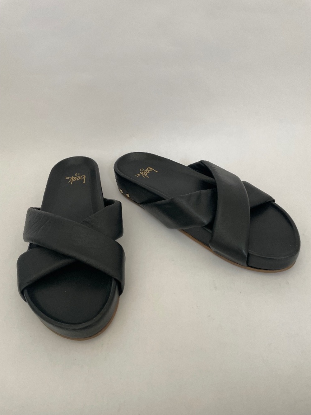 Beek Rhea Slide Cross Black Leather Platform Sandals Women's 10, Minimalism Boho